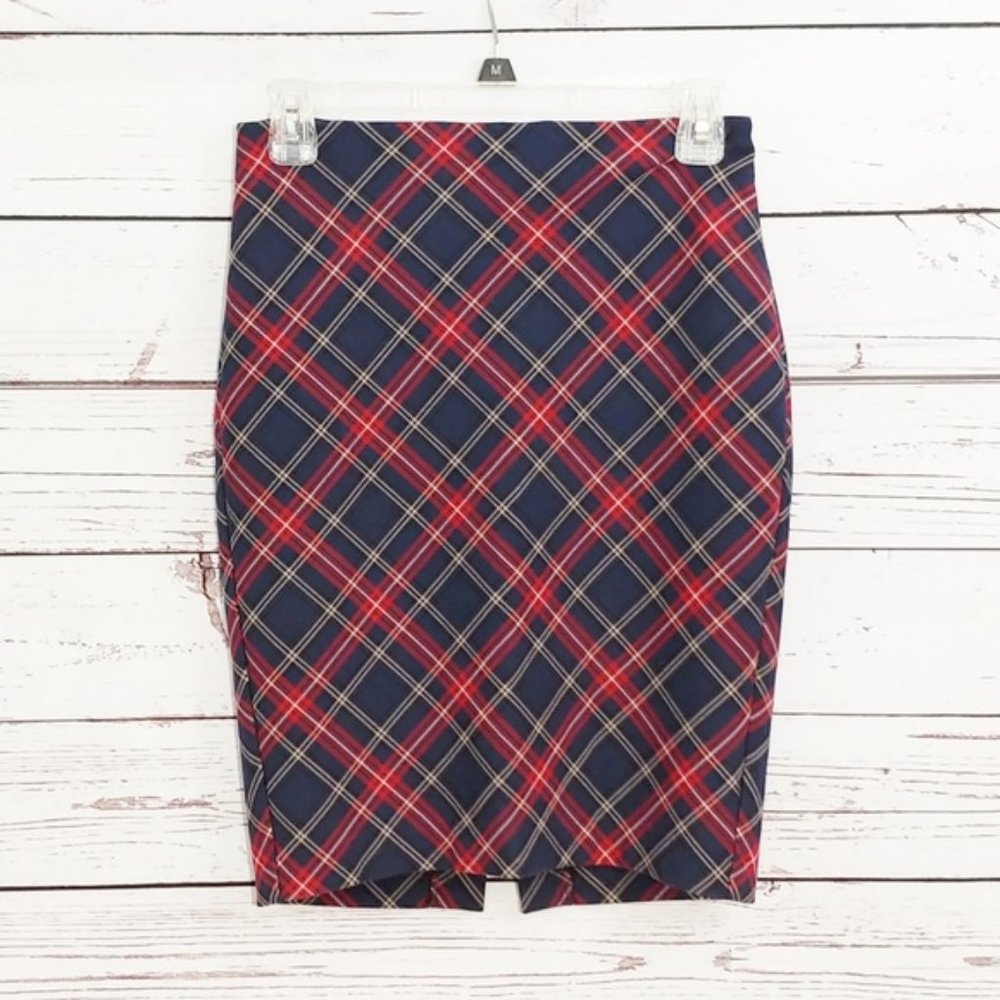 Express Navy Plaid Midi Skirt with Red and White Accents
